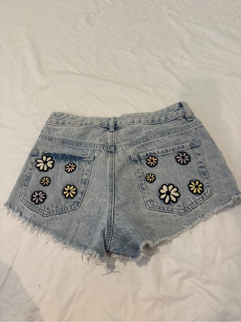 PacSun Light Blue Denim Shorts with Multicolor Daisy Patches